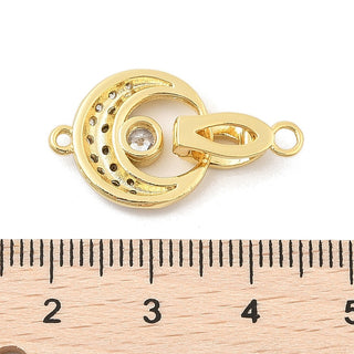Brass Micro Pave Rhinestone Fold Over Clasp, Cadmium Free & Nickel Free & Lead Free, Moon, Real 18K Gold Plated, 26mm.  (Sold Individually)