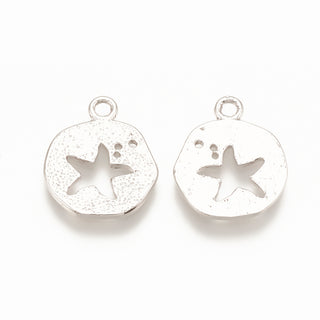 Brass Charms, Flat Round with Starfish/Sea Stars, Nickel Free, Real Platinum Plated, 13.5x11x1mm, Hole: 1mm.  (Sold Individually)