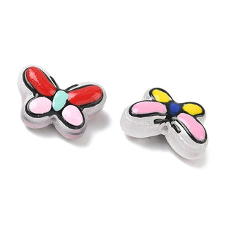 Transparent Glass Enamel Beads, Hand Drawn Beads, Butterfly, Dyed & Heated, Mixed Color, 10~10.5x14~14.5x5.5~6mm, Hole: 1~1.2mm.  (5 Random Color Butterfly Beads)