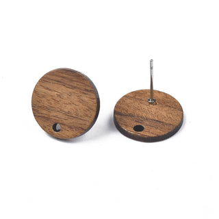 Walnut Wood Stud Earring Findings, with 304 Stainless Steel Pin, Flat Round, Coconut Brown, 15mm, Hole: 1.8mm, Pin: 0.7mm.  (Sold per Pair)