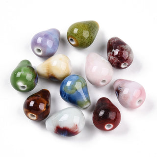 Handmade Porcelain Beads, Fancy Antique Glazed Porcelain, Teardrop, Random Mixed Color, 14~15.5x10.5~11.5mm, Hole: 1.6~2mm.  (10 Beads)