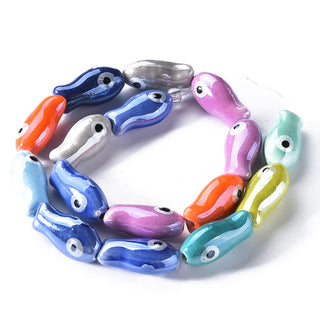 Handmade Porcelain Ceramic Beads Strands, Famille Rose Style, Fish, Mixed Color, 20x10x8mm, Hole: 1.8mm, about 16pcs/strand, 12.01 inch(30.5cm)