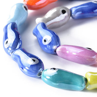 Handmade Porcelain Ceramic Beads Strands, Famille Rose Style, Fish, Mixed Color, 20x10x8mm, Hole: 1.8mm, about 16pcs/strand, 12.01 inch(30.5cm)