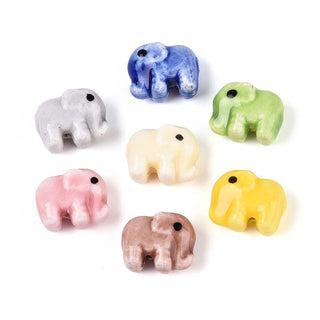 Handmade Porcelain Ceramic Beads, Famille Rose Style, Elephant, Random Mixed Colors, 11x14x8mm, Hole: 1.6~1.8mm.  (5 Beads)