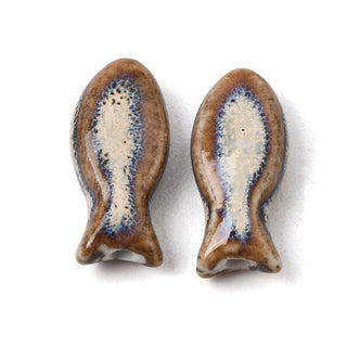 Vintage Handmade Porcelain Beads, Fish, Fancy Antique Glazed Porcelain, Saddle Brown, 19.5x9x6mm, Hole: 5mm.  (10 Beads)