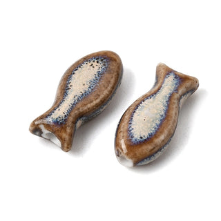 Vintage Handmade Porcelain Beads, Fish, Fancy Antique Glazed Porcelain, Saddle Brown, 19.5x9x6mm, Hole: 5mm.  (10 Beads)