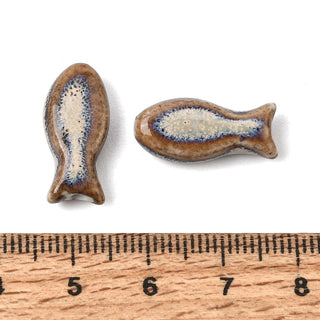 Vintage Handmade Porcelain Beads, Fish, Fancy Antique Glazed Porcelain, Saddle Brown, 19.5x9x6mm, Hole: 5mm.  (10 Beads)