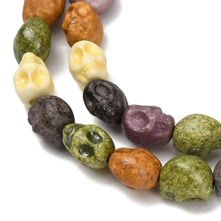 Vintage Handmade Porcelain Beads Strands, Skull, Fancy Antique Glazed Porcelain, Colorful, 7.5x6.5x7mm, Hole: 1mm, about 24 pcs/