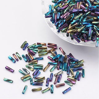 Glass Twisted Bugle Beads, Metallic Colour, *Multi Color, (6x2mm), Hole: 0.5mm.  Approx 15 Grams.