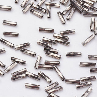 Glass Twisted Bugle Beads, Metallic Colour, *Gunmetal Grey, (6x2mm), Hole: 0.5mm.  Approx 15 Grams.