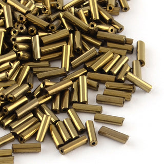 Glass Bugle Beads, Copper Plated, 6x2mm, Hole: 0.5mm.  Approx 15 Grams.