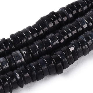 Natural Freshwater Shell Beads Strands, Dyed, Flat Round/Disc, Heishi Beads, Black, 5~6x1~2mm, Hole: 1mm, about 205~215pcs/strand, 15.35 inch(39cm)