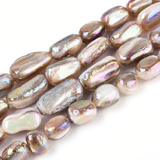 Electroplated Natural Freshwater Shell Beads Strands, Nuggets, Tan, 4.5~14x4~7x4~7mm, Hole: 0.6mm, about 41~60pcs/strand, 15.28~15.75''.