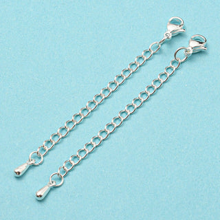 304 & 201 Stainless Steel Curb Chain Extender, End Chains, with Lobster Claw Clasps & Teardorp Chain Tabs, Silver, 72mm.  (Packed 5 extenders)