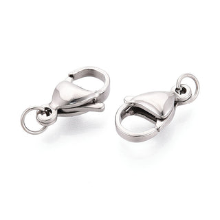 304 Stainless Steel Lobster Claw Clasps, with Jump Ring, Stainless Steel Color, 15x9.5x4.5mm, Hole: 3.5mm.  (Packed 5 Clasps)