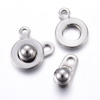 201 Stainless Steel Snap Clasps, Stainless Steel Color, 15x9x5mm, Hole: 1.5~1.8mm.  (Packed 5 Clasps)
