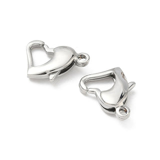 304 Stainless Steel Lobster Claw Clasps, Heart, Stainless Steel Color, 14x10x3.5mm, Hole: 1.4mm.  Sold Individually.