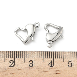 304 Stainless Steel Lobster Claw Clasps, Heart, Stainless Steel Color, 14x10x3.5mm, Hole: 1.4mm.  Sold Individually.