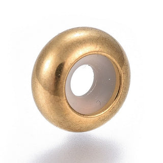 304 Stainless Steel Beads, with Rubber Inside, Slider Beads, Stopper Beads, Rondelle, Golden, 10x4.5mm, Hole: 5mm, Rubber Hole: 3mm.  (Packed 5)