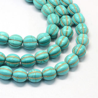 Synthetic Turquoise Gemstone Bead Strands (HOWLITE), Pumpkin, Dyed, Turquoise, 11~12x12mm, Hole: 1mm, about 33pcs/strand, 15.3 inch