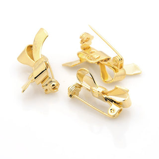 Bowknot Brass Brooches Findings, Bright Golden, 21x22x12mm, Hole: 2x3mm.  Packed 5 Pins.