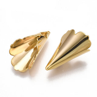 Brass Bead Cones, Nickel Free, Real 18K Gold Plated, 18x10x6.5mm, Hole: 0.8mm.  (packed 5 Cones)