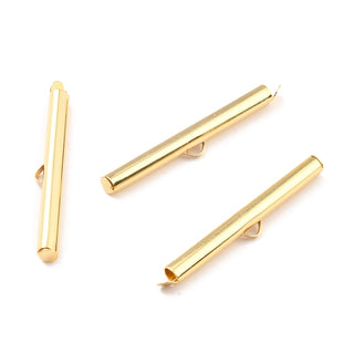 304 Stainless Steel Slide On End Clasp Tubes, Slider End Caps, Real 18K Gold Plated, 40x6x4mm, Hole: 3x1mm, Inner Diameter: 3.5mm.  (Packed 10 Clasps)