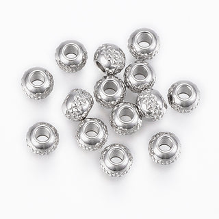 Tarnish Resistant 201 Stainless Steel Beads, Round with Ripples, Stainless Steel Color, 6x5mm, Hole: 2mm.  (packed 20 Beads)