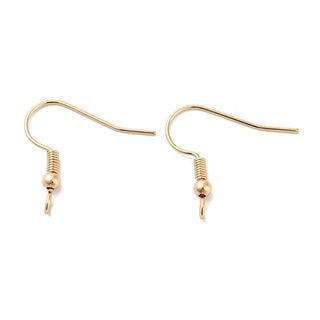 316 Surgical Stainless Steel French Earring Hooks, French Hooks with Coil and Ball, Real 18K Gold Plated, 20 Gauge, 20x21mm, Hole: 2mm, Pin: 0.8mm.  (50 Hooks/ 25 Pair)