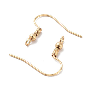 316 Surgical Stainless Steel French Earring Hooks, French Hooks with Coil and Ball, Real 18K Gold Plated, 20 Gauge, 20x21mm, Hole: 2mm, Pin: 0.8mm.  (50 Hooks/ 25 Pair)