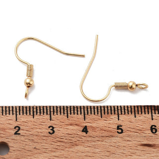316 Surgical Stainless Steel French Earring Hooks, French Hooks with Coil and Ball, Real 18K Gold Plated, 20 Gauge, 20x21mm, Hole: 2mm, Pin: 0.8mm.  (50 Hooks/ 25 Pair)