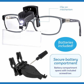 Clip-On Magnifier – Includes 3 Lenses (1.5x, 2.5x, 3.5x) w/ LED Light and Padded Clip