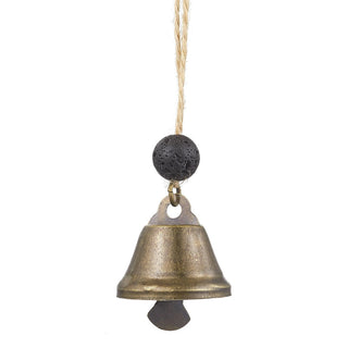Iron Bell Pendant Decorations, Round Natural Lava Rock Beads and Jute Cord for Home Wall Hanging Ornaments, Antique Bronze, 135mm.  (Sold Individually)
