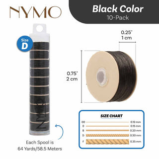 Nymo Thread (Size D/ .30mm).  *BLACK (10 Pack).   64 Yards/ Spool (10 Spools in a Tube).