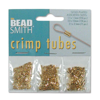 Crimp Tubes (Assorted Pack.  3 Sizes)  Gold-Plated.  1.5x1.5 (250), 2x2mm (200), 2.5x2.5mm (75)