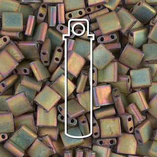 Miyuki TILA Beads.  5x5mm. 2 hole.  *Matte Metallic Khaki Iris.  (7.2gr Vial).