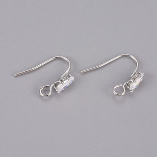 Brass Earring Hooks, Ear Wire, with Clear Cubic Zirconia and Horizontal Loop, Long-Lasting Plated, Real Platinum Plated, 16x13x3.5mm, Hole: 2mm, Pin: 0.8mm (Packed per pair)