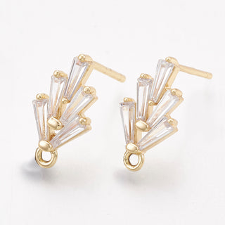 Brass Cubic Zirconia Fancy Style Ear Stud Findings, with Loop, 18K Gold Plated, 14.5x7.5mm, Hole: 1mm, pin: 0.5mm (Packed per pair)