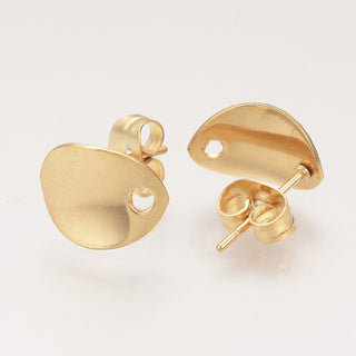 304 Stainless Steel Stud Earring Findings, with Loop and Ear Nuts/Earring Backs, Twisted Oval, Golden, 11x8.5mm, Hole: 1.5mm, Pin: 0.8mm.  (Sold per Pair/ 2 pieces)