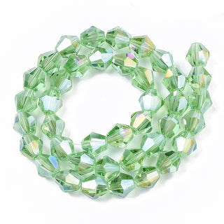 Bicone Beads Faceted.  Glass 8mm.   (Light Green with AB Finish).   (Approx 40 Beads)
