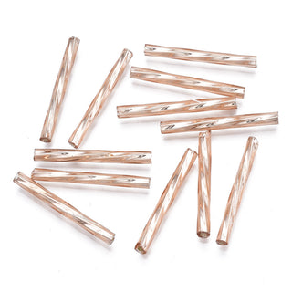 B02 Electroplate Opaque Glass Twisted Bugle Beads, Round Hole, Rose Gold Plated, 25~26x2.5mm, Hole: 1mm,. Approx 15 Grams.
