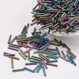 Glass Bugle Beads, Iris, *Colorful, 9x2mm, Hole: 0.5mm.  Approx 15 Grams.