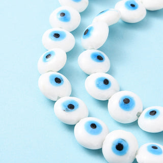 Flat Round Evil Eye Lampwork Bead Strands, White, 15~16x8~9mm, Hole: 2mm, approx 10-11 pcs/strand