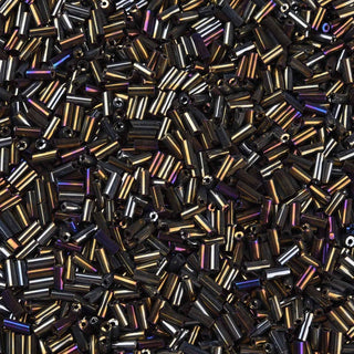 Metallic Colour coated Glass Bugle Beads, Round Hole, Coffee Color Plated finish, 3~8x2mm, Hole: 0.7mm Approx 15 Grams.