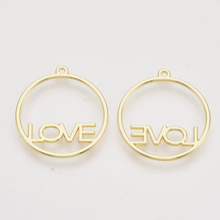 Rack Plating Alloy Open Back Bezel Pendants,  Round Ring with Love, Light Gold, 29x26x1.5mm, Hole: 1.5mm (Packed 2)
