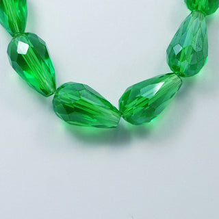 Glass Beads Strands, Crystal Suncatcher, Faceted, teardrop, Green AB, 10mm  x 15mm long, hole: 1.5mm,(Approx 50 Beads) *Hole Top to Bottom