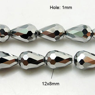 Electroplate Glass Beads Strands, Faceted, Drop, Silver Plated, 12x8mm, Hole: 1mm, about 58pcs/strand, 61cm