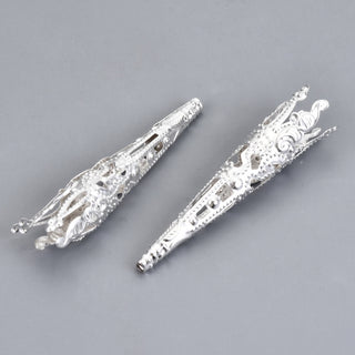 Jingle Cones.  Cone Ends.  Silver Plated Metal.  42mm x 8mm to 1mm hole size.  *See Drop Down for Pack size.