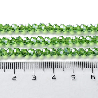 Electroplate Glass Bead Strands, Pearl Luster Plated, Faceted, Round, Green, 4mm.  (approx 100 beads per 15" Strand)