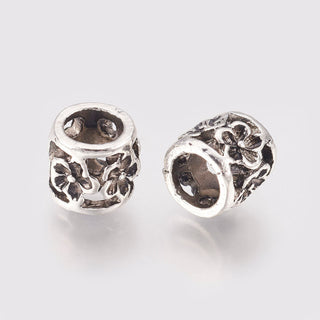 Hollow Alloy Beads, Large Hole Beads, Column with Flower, Antique Silver, 9.5x8.5mm, Hole: 6mm.  (Packed 10 Beads)